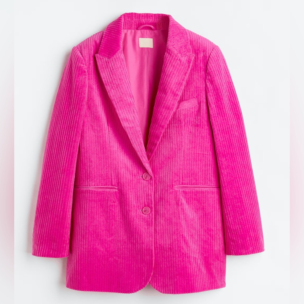 H&M BEGONIA PINK CORDUROY LONG NOTCH COLLAR BLAZER M NWT